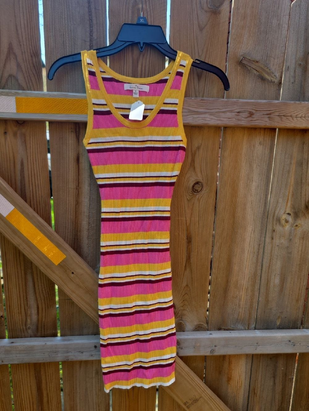 Love Tree Pink & Yellow Striped Ribbed Tank Midi Dress